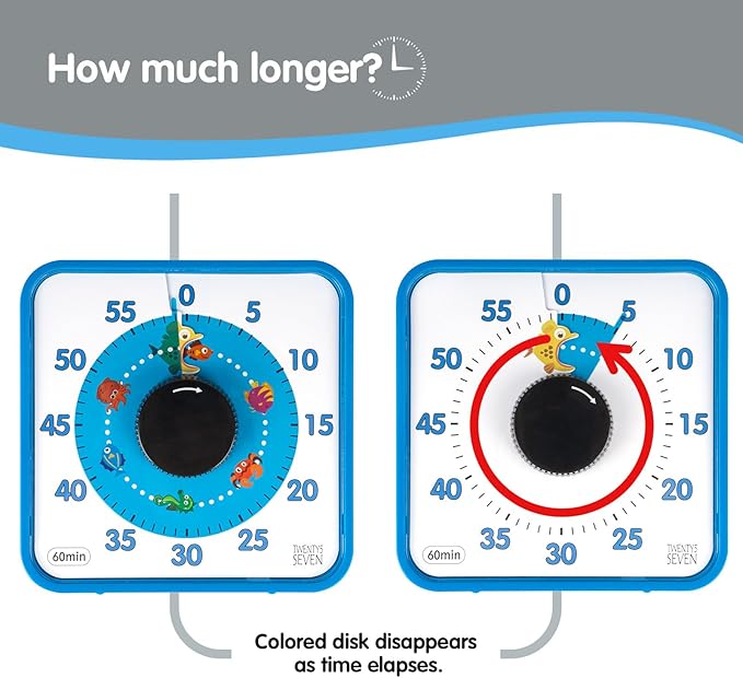 Visual Timer 7.5 inch, 60-Minute Countdown Timer for Kids Classroom Teaching Tool Office Meeting, Mechanical Countdown Clock for Exam Time Management Magnetic Kitchen Timer with Fish Pattern, Blue