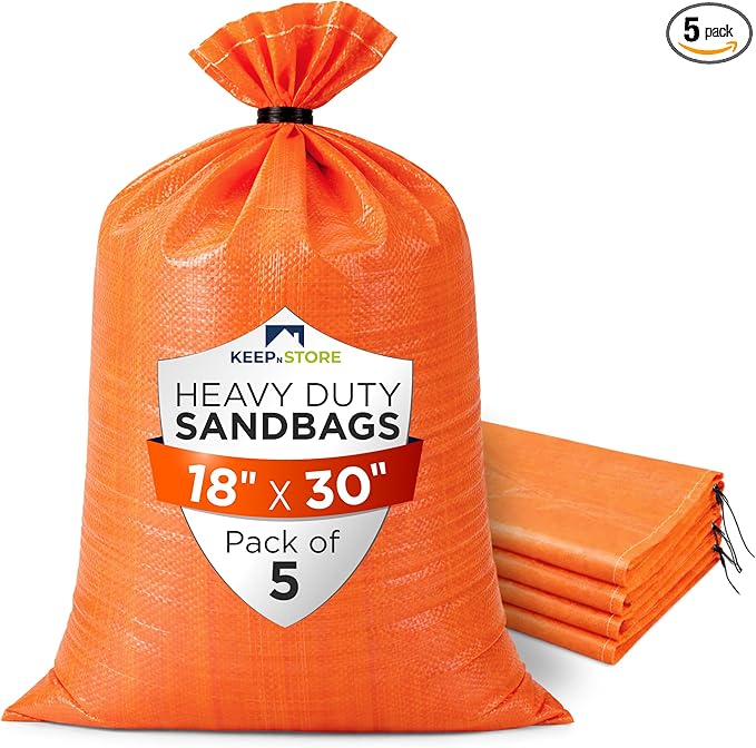 Heavy Duty Sand Bags Pack of 5, Bright Orange Empty Sandbags with Built-In Ties, Woven Polypropylene UV Protection 1600 Hours, Fillable Bags for Flood Control, Weight, 18x30 inches, 75 Pounds Volume