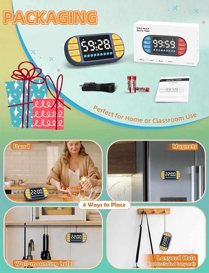 DOOMAY Digital Kitchen Visual Timer: 3.6'' Large LED Display, Magnetic, 3 Brightness, 4 Alarms and Volume, Memory Function, Countdown Count up for Cooking, Classroom, Home Gym, AAA Battery Included