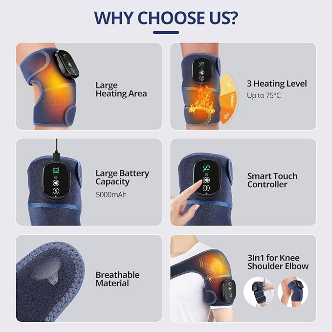 MOAJAZA Cordless Knee Massager with Heat and Vibration, Heating Pad for Knee Shoulder Elbow, Heated Knee Brace for Arthritis (Pack of 1 Blue)