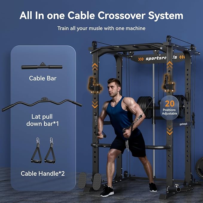 Sportsroyals Power Cage 1600lbs Power Rack with Adjustable Cable Crossover, Multi-Function Squat Rack with Pulley System and Training Attachments for Home Gym