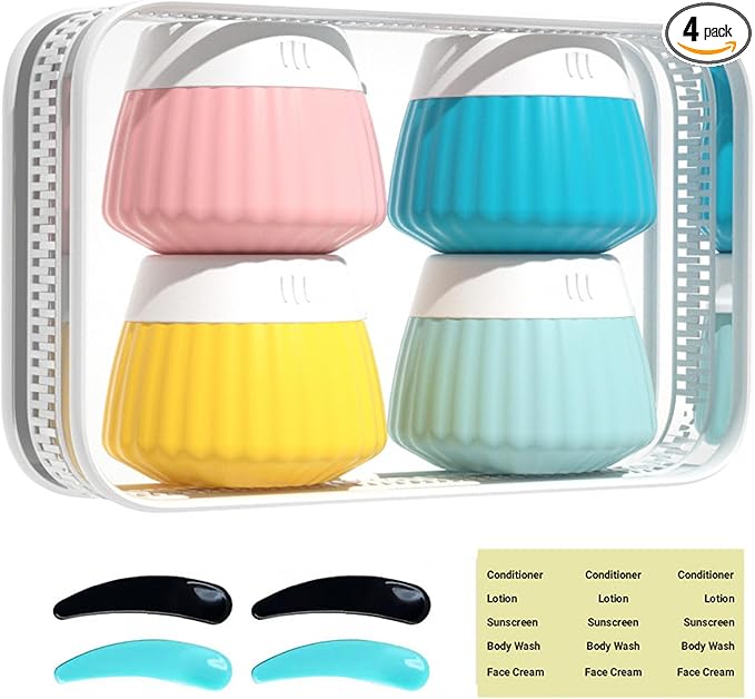 4 Pack Travel Size Silicone Cream Containers, Leak Proof Refillable Toiletry Bottles for Toiletries with 4 Scoops, Labels and Clear Bag, Suitable for Travel Shampoo and Conditioner Bottles (D)
