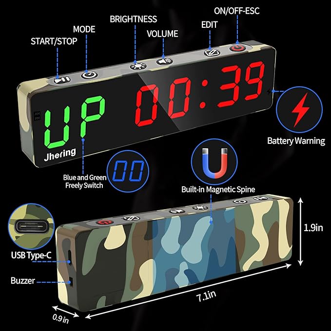 Gym Timer, Portable, Interval Timer with Rechargeable Battery and Built-in Magnet, LED Digital Anti Vertigo Display, Upgraded Workout Clock for Home Gym Garage Fitness