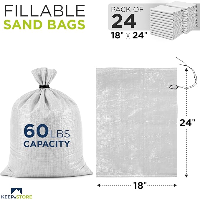 Heavy Duty Sand Bags Pack of 24, White Empty Sandbags with Built-In Ties, Woven Polypropylene UV Protection 1600 Hours, Fillable Bags for Flood Control, Weight, 18x24 inches, 60 Pounds Volume