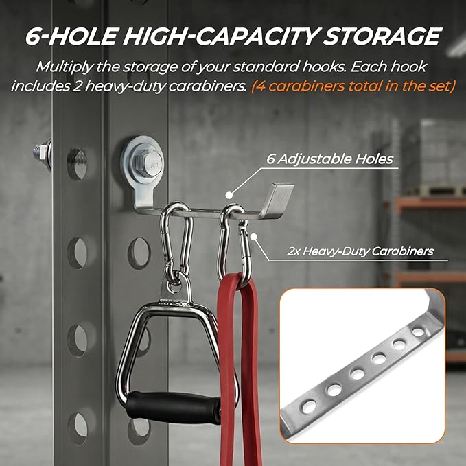Squat Rack Hooks for 5/8" & 1" Holes, Stainless Steel Storage Hangers with Spacer, Rack Organizer for Cable Attachments, Resistance Bands & Gym Accessories