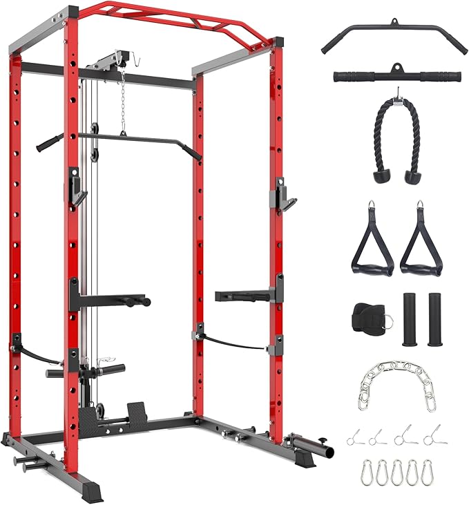 GarveeLife Power Cage, Multi-Function Squat Rack with LAT Pulldown, 1600 LBS Weight Capacity Fitness Power Rack with Cable Pulley System and j-Hooks, Dip Bars and Landmine Attachment for Home Gym