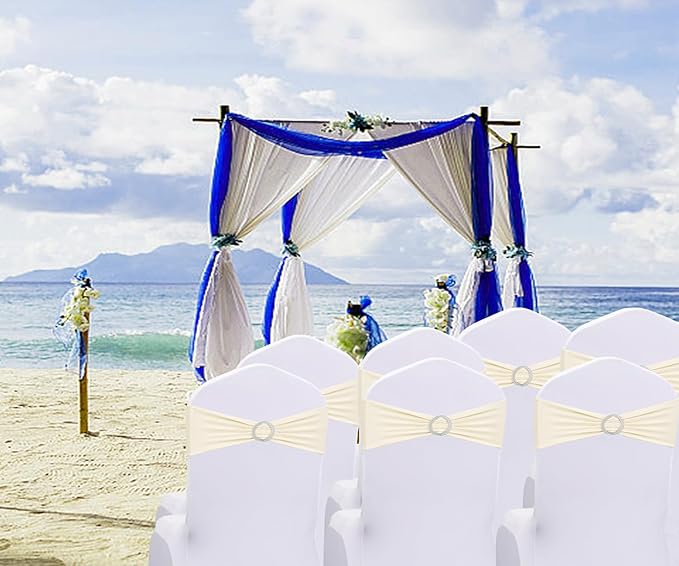 Stretch Spandex Ivory Chair Sashes Bows 50 Pack Universal Chair Bands with Silver Buckle for Wedding Party Engagement Banquets Bridal Shower Events Decorations