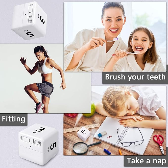 Weewooday 2 Pieces Cube Productivity Timer Flip Gravity Sensor Flip Countdown Countup Workout Timer Management 1 3 5 10 Minutes and 15 20 30 60 Minutes for Work Learning Kitchen Cooking(White, Blue)