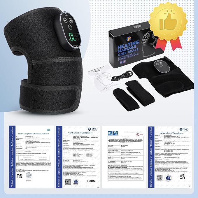 Cordless Knee Massager with Heat, Heating Pad for Knee Shoulder Elbow, Heated Knee Brace for Arthritis, Knee Heating Pad Wrap with 6 Heating Levels, 3 Massage Modes&Timer (Black)