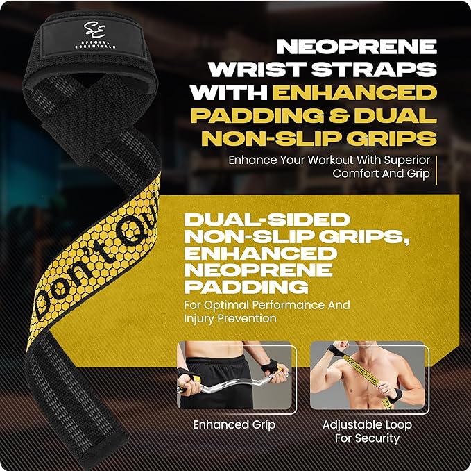 Special Essentials 2 Pack of Wrist Straps for Weightlifting - Two-Sided Anti Slip Silicone Grip & Padded Neoprene - Durable Gym Lifting Straps for Men and Women for Bodybuilding & Powerlifting