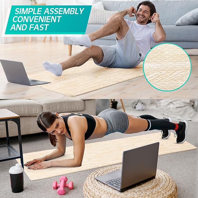 Tinideya 48 Pcs Printed Foam Tiles Bulk 12 x 12 Inch Interlocking Foam Mats Wood Grain Puzzle Floor Mat Tiles EVA Floor Padding Exercise Flooring with Border for Home Gym Playroom Kids(White)