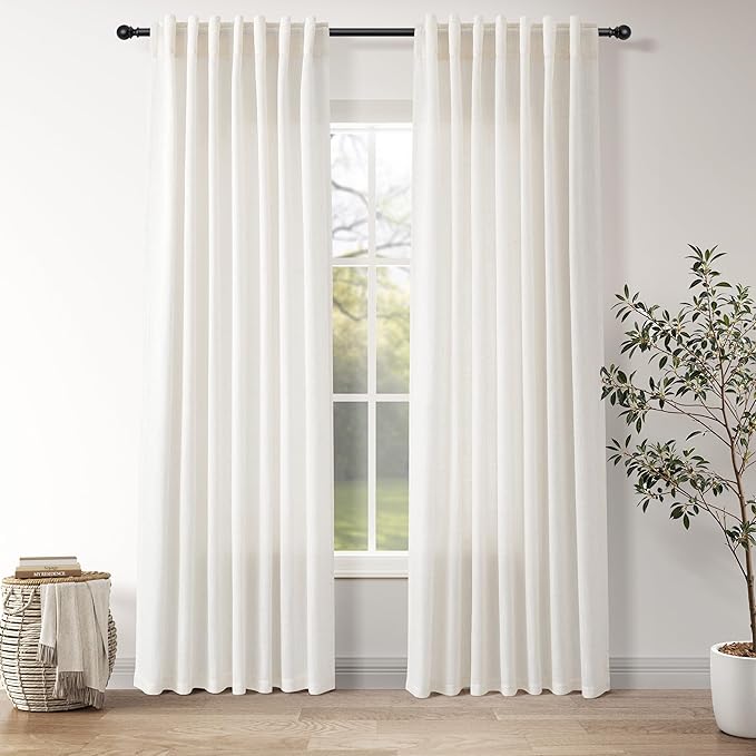 Ivory White Linen Back Tab Curtains 84 Inch Length for Bedroom/Living Room 2 Panel Set Neutral Modern Farmhouse Window Privacy Semi Sheer Linen Drapes Rustic Pinch Curtain Ivory 52X84