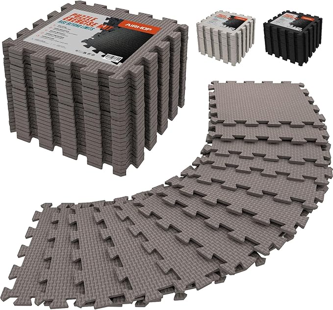 AIRHOP 18 Tiles Gym Floor Mat, EVA Foam Puzzle Gym Mat, High-Density Interlocking Foam Floor Tiles for Home Gym, Play Workout Garage Kitchen Flooring