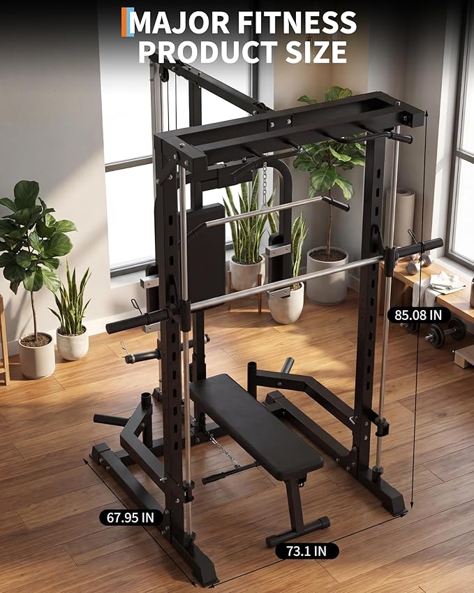 Garvee Smith Machine, Heavy Duty Power Cage Squat Rack with Smith Bar, LAT Pulldown System, Chest Station & More Training Attachment, Home Gym Equipment for Strengthen Training