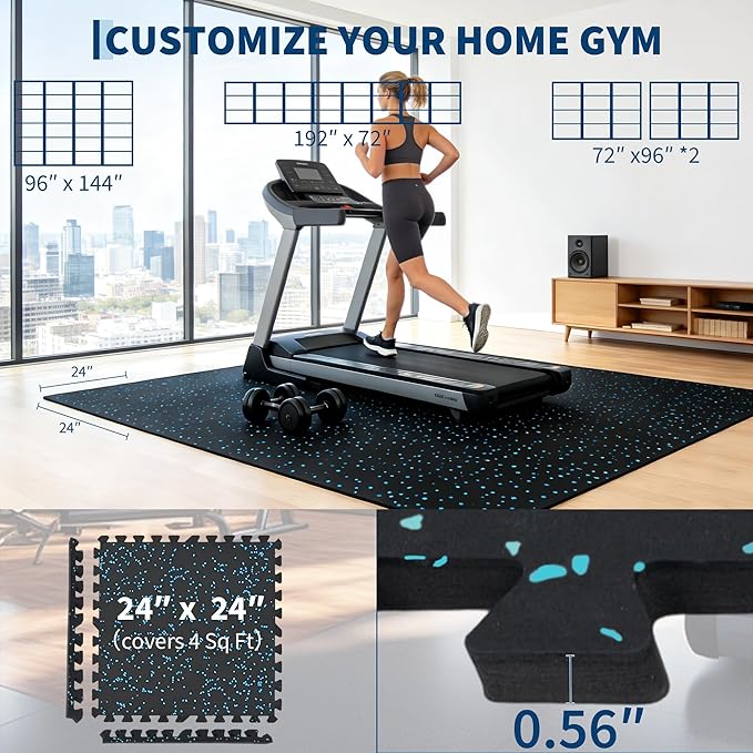 0.56" Thick 48 Sq ft Exercise Mats,12 Tiles Rubber Top 24"X24" Interlocking Puzzle Gym Flooring with High Density EVA Foam for Home Gym & Heavy Weight Workout,Black