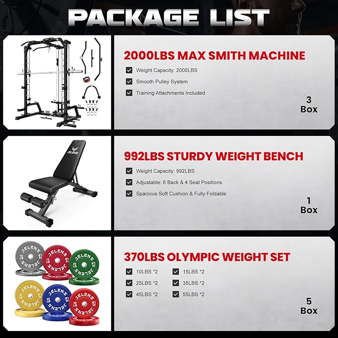 JELENS SR01 Smith Machine, 2000LBS Multi-Function Power Cage with LAT Pulldown System, All-in-One Home Gym Squat Rack with Smith Bar and Training Attachments for Full Body Workouts