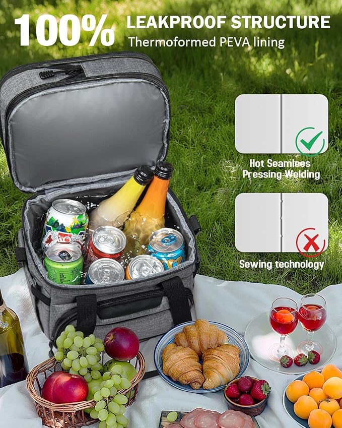 Large Lunch Box for Men/Women Dual-Compartment Insulated Lunch Bag,Adults Expandable Leakproof Cooler Bag Lunch Tote with Adjustable Shoulder Strap for Work Camping Picnic,Grey 24-Can(14L)