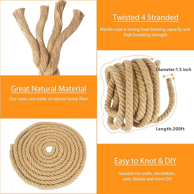 Manila Rope 1.5 Inch X 200 Ft, Natural Hemp Rope 4 Strand Twisted, Large Thick for Crafts Heavy Duty Multipurpose for Swing Bed, Camping, Tug of War, Docks, DIY Projects.