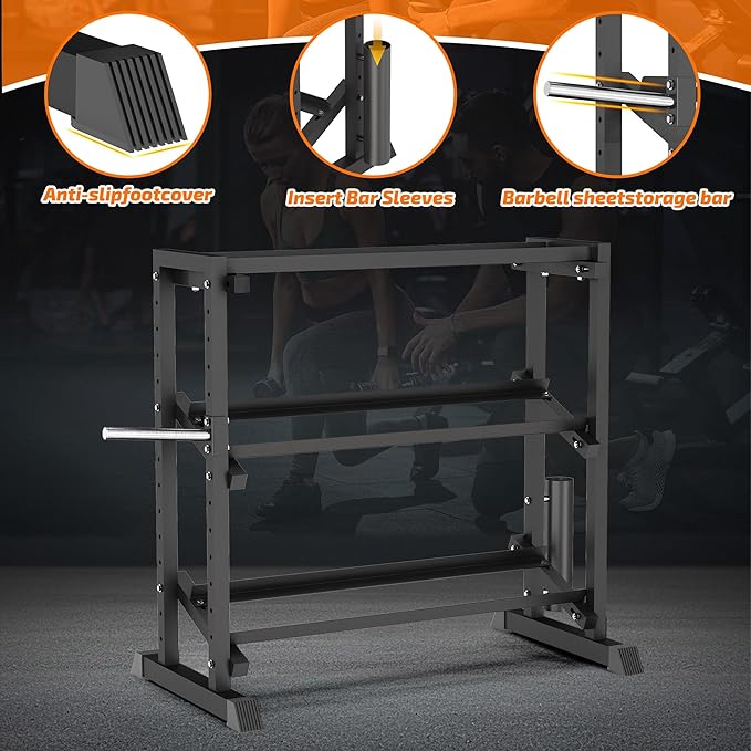 PLKOW Adjustable 3-Tier Dumbbell Rack with Barbell & Weight Plate Storage for Home Gym, Heavy Duty Steel Weight Rack Stand, Angle Height Width Adjustable Gym Organizer