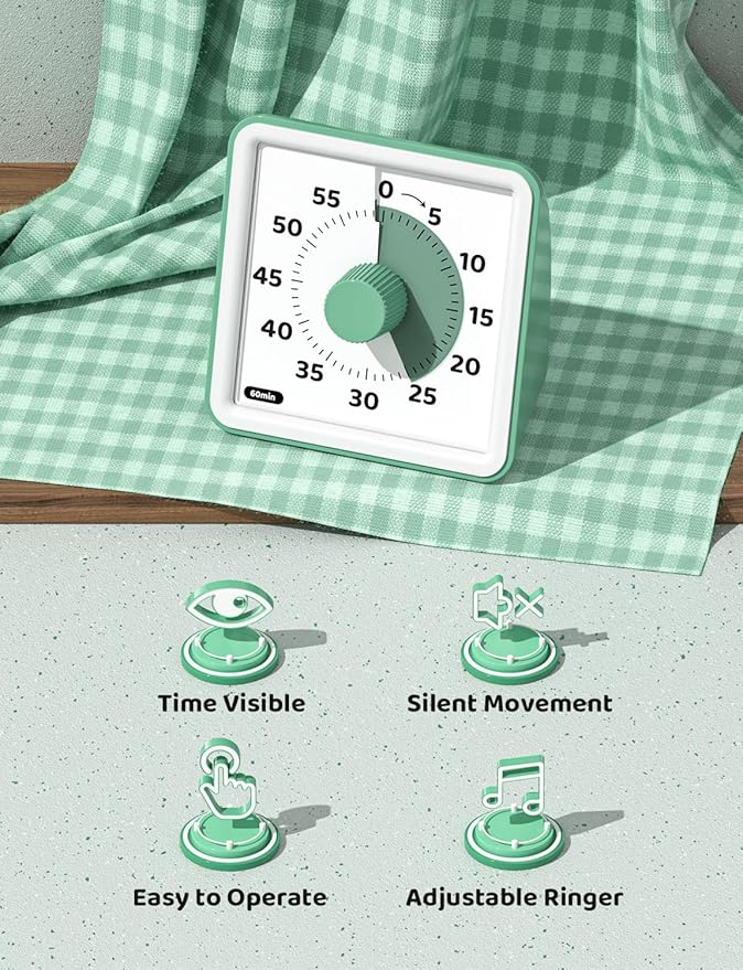 LIORQUE Visual Timer for Kids, 60-Minute Countdown Timers for Classroom Office Kitchen with Silent Operation, Kids Timer for Teaching (Batteries Included)