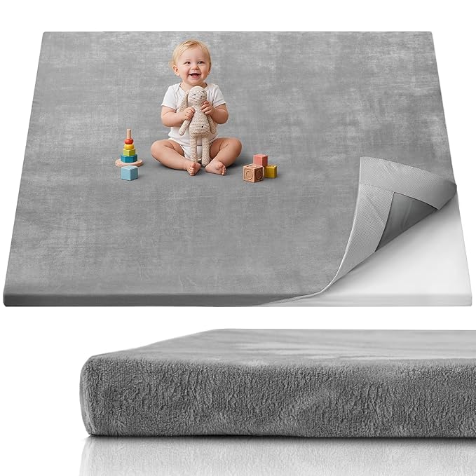 Blissful Diary 1.3" Thick Baby Play Mat, 71x59 Playpen Mat with Removable & Washable Cover, Extra Large Crawling Rug for Floor, Foam Cushion & Non-Slip Backing for Kid, Toddler and Infants, Light Grey