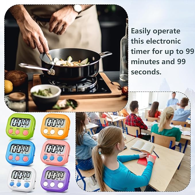 48 Pack Digital Kitchen Timer Magnetic Digital Timer with Big Display Loud Ring Cooking Timers for Kitchen Electronic Timer for Cooking, Bathing, Gym, Break Time, Classroom(6 Color)