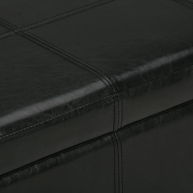 SIMPLIHOME Kingsley 48 inch Wide Transitional Rectangle Large Storage Ottoman in Midnight Black Vegan Faux Leather, Assembled, For the Living Room, Entryway and Family Room