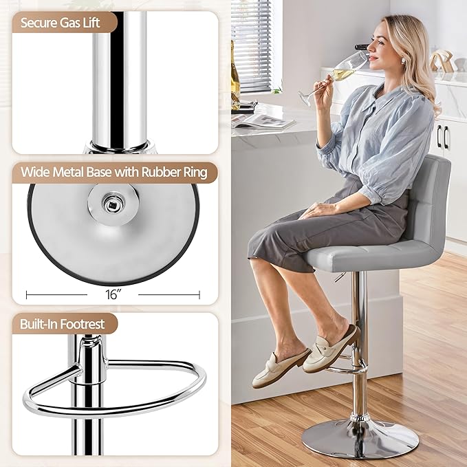 Yaheetech Bar Stools Set of 2, PU Leather Adjustable Barstools, Modern Counter Stools with Back and Footrest, Counter Height Barstools for Bar, Kitchen, Dining Room, Light Gray