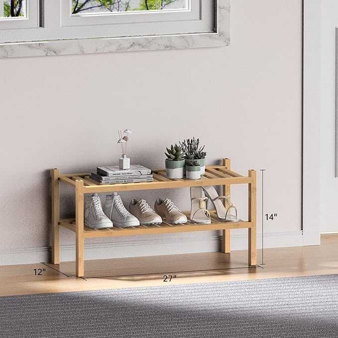 (Thick Bamboo Shoe Rack for Entryway, 2-Tier Free Standing Shoe Racks Stackable Shoe Rack Organizer for Hallway Closet Living Room 27 x12 x14 Inches