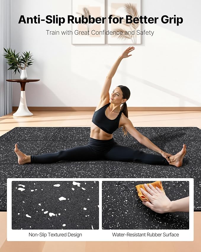 VEVOR 0.56Inch 96sq.ft 24 Tiles Gym Flooring for Home Gym, Rubber Top with High Density EVA Foam, 24 x 24In Gym Floor Exercise Equipment Mats, Interlocking Gym Mats, Puzzle Workout Mats, Black & White