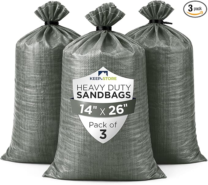 Heavy Duty Sand Bags Pack of 3, Army Green Empty Sandbags with Built-In Ties, Woven Polypropylene UV Protection 1600 Hours, Fillable Bags for Flood Control, Weight, 14x26 inches, 50 Pounds Volume