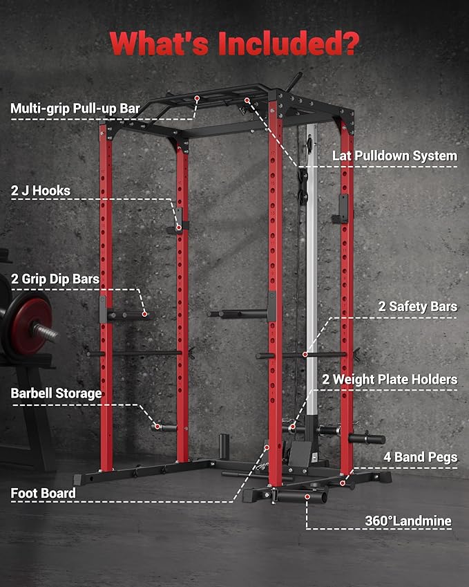 GarveeLife Power Cage, Power Racks for Home Gym with Pulley System, 1200 LBS Weight Capacity Multi-Functional Squat Rack for Strength Workout with More Training Attachment (Red D1002)