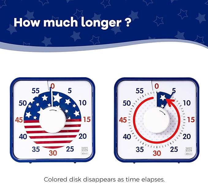 TWENTY5 SEVEN Countdown Timer 7.5 inch; Patriotic 60 Minute 1 Hour Visual Timer, Classroom Teaching Tool Office Meeting, Mechanical Magnetic Countdown Clock for Kids Exam Time Management, Blue