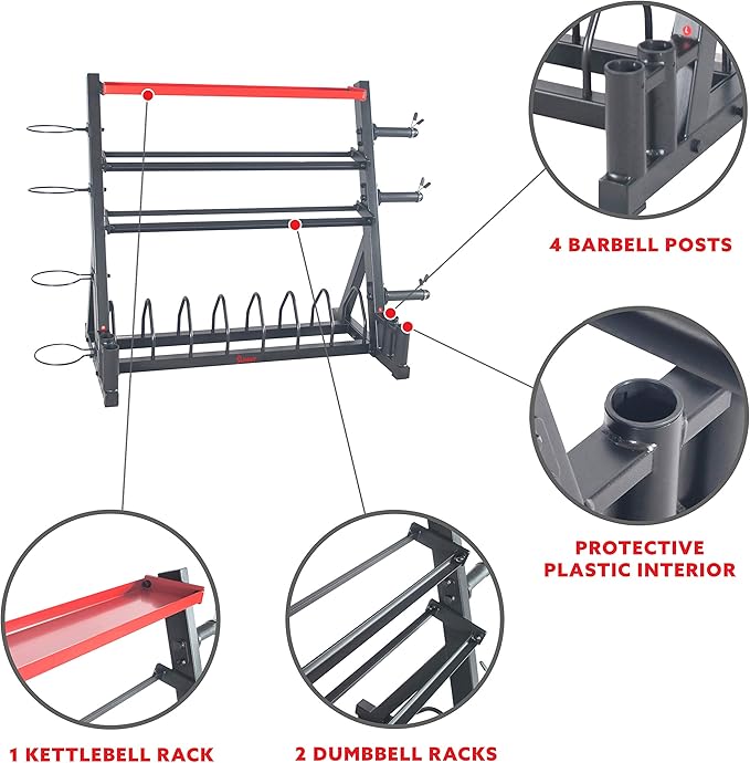 Sunny Health & Fitness Multi-Weight Storage Rack Stand for Dumbbells, Kettlebells, Olympic Weight Plates, Barbell, Medicine Ball
