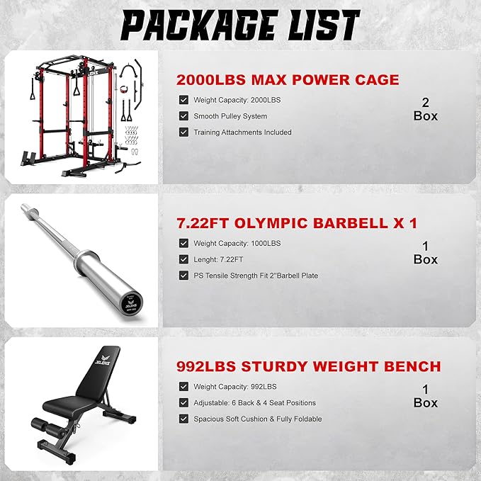 JELENS C12 Squat Rack for Home Gym, 2000LBS Power Rack with Adjustable Pulley System, Power Cage Workout Equipment with LAT Pulldown and Training Attachment