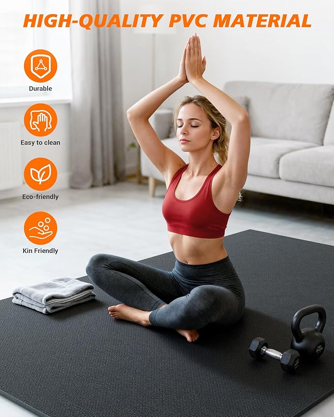 Rendpas Large Exercise Mat for Home Gym, 6'x4'/7'x5'/10'x6' (8mm) Extra Thick Workout Mat, High-Density PVC, Non-Slip, Shock Absorption for Cardio, Weights & Jump Rope