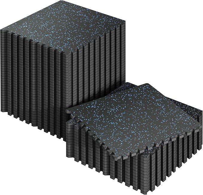 SUPERJARE 0.56'' Thick 48 Pcs 192 Sq Ft Rubber Top Exercise Equipment Mats, High Density EVA Foam Mats with Rubber Top, Interlocking Gym Flooring for Home Gym, Protective Workout Mat, Black/Blue