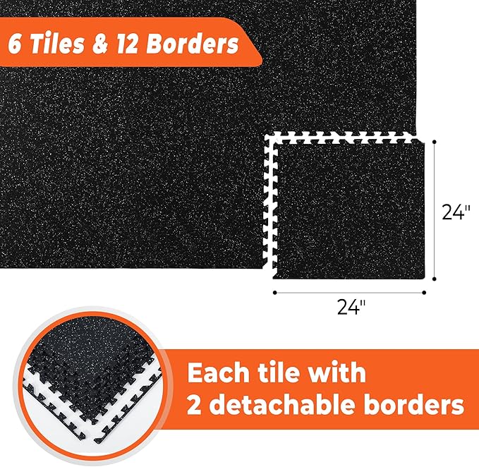 SUPERJARE 0.4'' Thick 6 Pcs 24 Sq Ft Rubber Top Exercise Equipment Mats, High Density EVA Foam Mats with Rubber Top, Interlocking Gym Flooring for Home Gym, Protective Workout Mat, Black/Grey