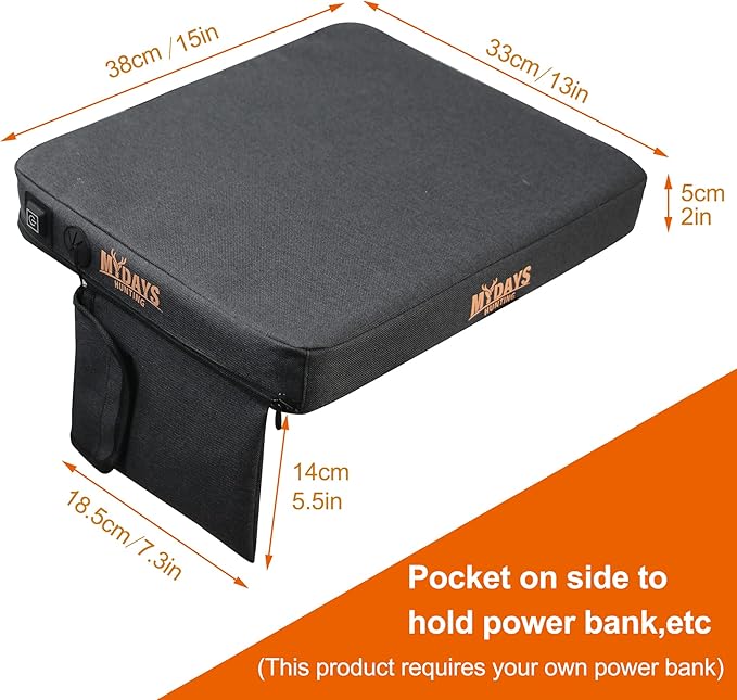 MYDAYS Portable Heated Seat Cushion, Memory Foam Heating Seat Pad for Outdoor Stadium Bleacher Camping, Power Bank Not Included（Black）