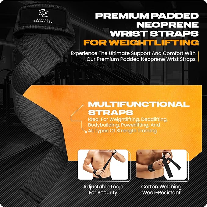 Special Essentials 2 Pack of Wrist Straps for Weightlifting - Two-Sided Anti Slip Silicone Grip & Padded Neoprene - Durable Gym Lifting Straps for Men and Women for Bodybuilding & Powerlifting