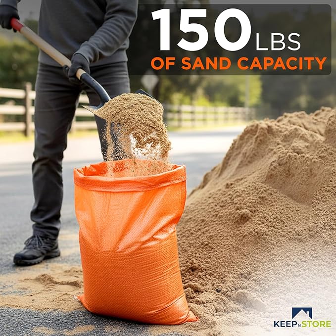 Heavy Duty Sand Bags Pack of 5, Bright Orange Empty Sandbags with Built-In Ties, Woven Polypropylene UV Protection 1600 Hours, Fillable Bags for Flood Control, Weight, 30x36 inches, 150 Pounds Volume