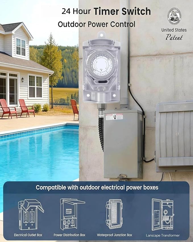 24 Hour Heavy Duty Mechanical Timer Switch with 30 Minutes Intervals, 20 AMP,120V Power Control, for Waterproof Junction Box, RV Outlet, Pool Pump, Power Distribution Box,Outdoor Light