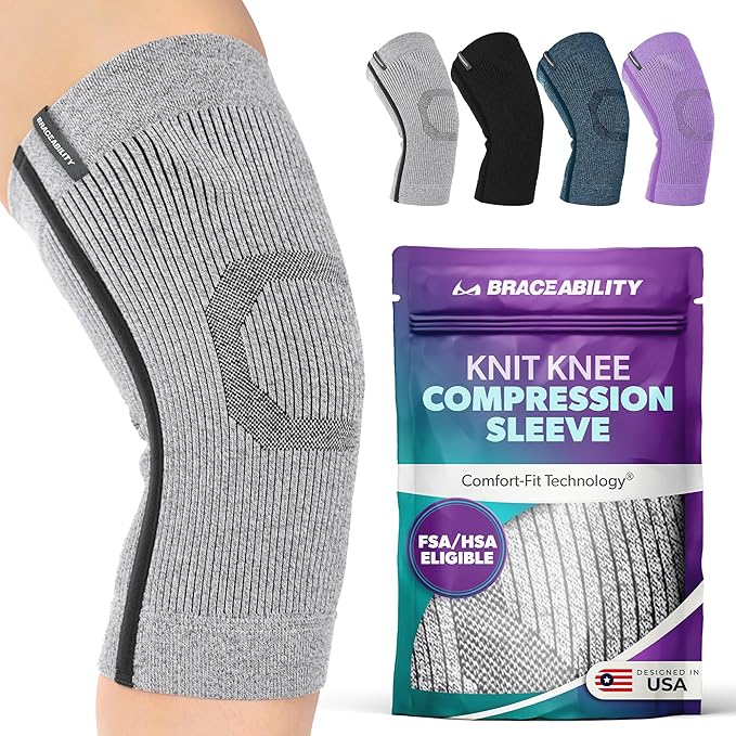 BraceAbility Knee Compression Sleeve - Knit Knee Pain Brace for Men and Women, Arthritis Relief, Meniscus Tear, Running, Workout, Sports, Swelling, Athletic Support for Joint Stability (M/L Gray)