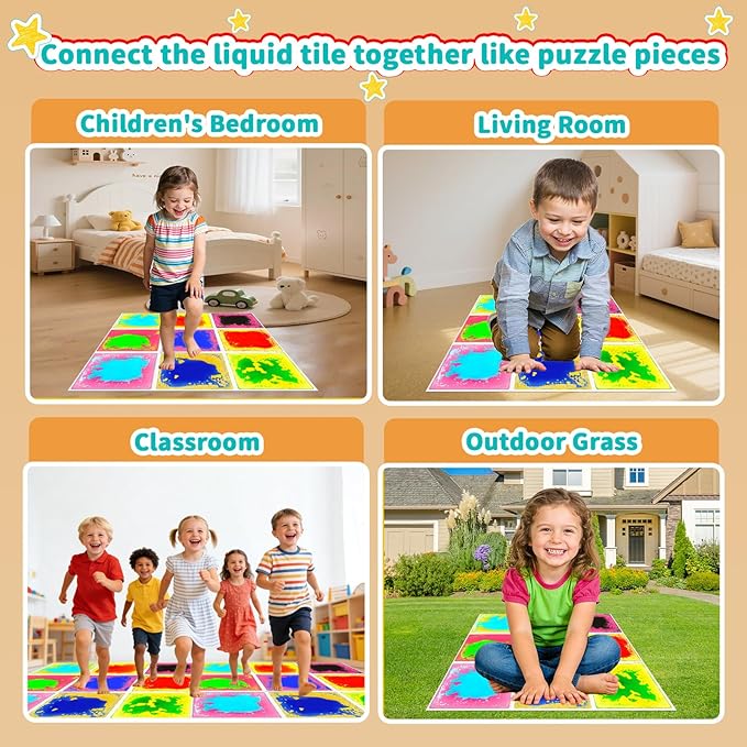 Sensory Floor Tiles for Kids: Liquid Fusion Activity Mat 9 Pack with One-Piece Glue-Free Sealing - Educational Fun Water Play Mats - Autistic Toddler Calming Toys for Indoor Early Learning（12x12inch）