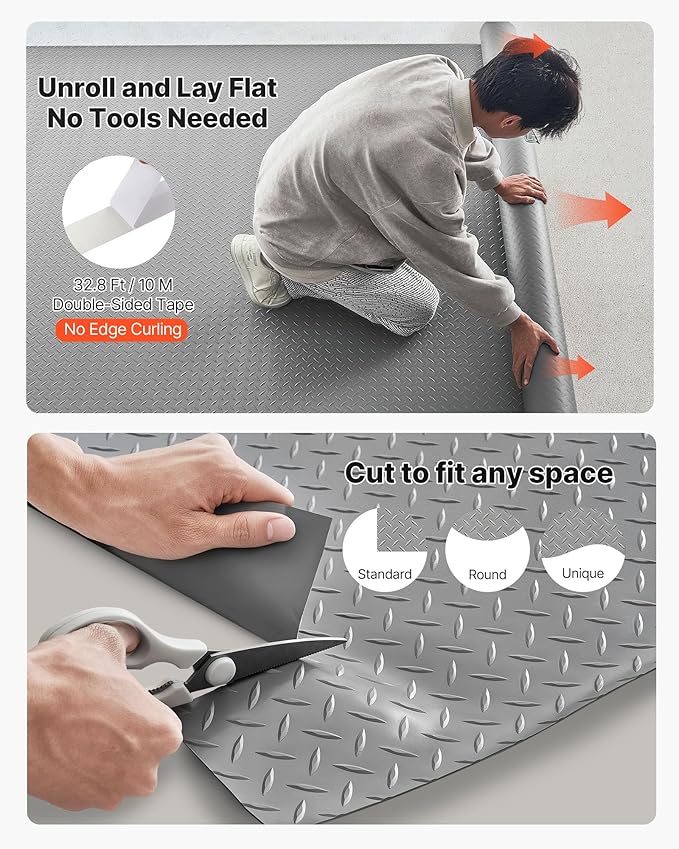 VEVOR Garage Floor Roll, 7.5 x 17 ft Garage Flooring Mat, 2.2 mm Thickened PVC Diamond Plate Floor Protector Mat with Double-Sided Tape, Non-Slip, Easy to Clean for Warehouse, Gyms,Silver Gray
