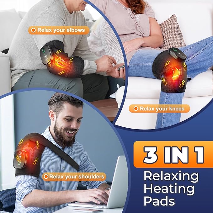 Cordless Electric Heated Knee Massager, 3-in-1 Heated Knee Massager with Heat for Knee Elbow Shoulder Wrap with 3 Vibration & Heating Modes