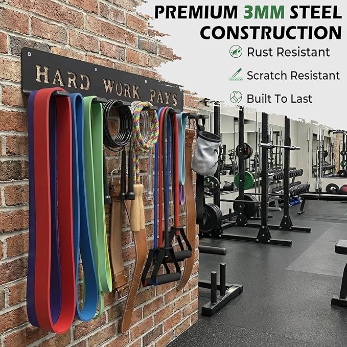 WIPHANY Home Gym Accessories Organization Storage Rack Equipment For Home 8 Hook Wall Hanger Display Gear Barbells Resistance Bands Jump Ropes Lifting Belt Hanger Accessories Hardware Included