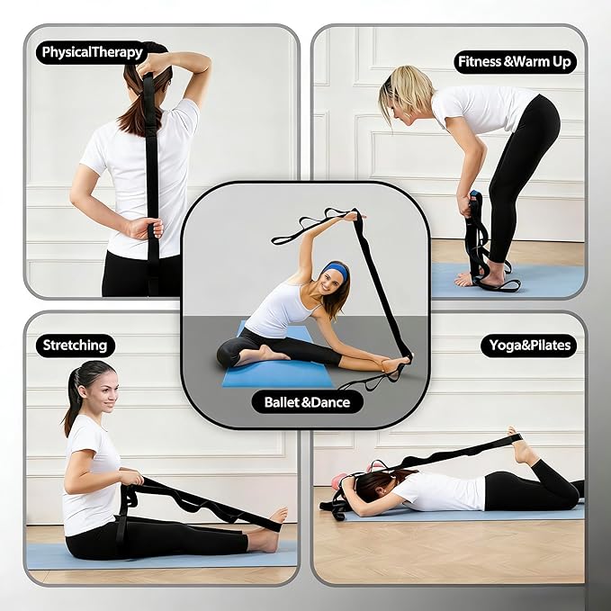 2-in-1 Non-Elastic Yoga Stretch Strap Set – 10-Loop Stretch Strap + 8 ft Yoga Strap with D-Ring, Durable Stretch Bands for Physical Therapy, Flexibility Training, Yoga, Pilates & Hamstring Stretching