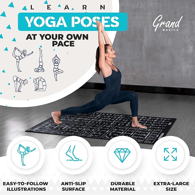 Extra-Large Instructional Yoga Mat with Poses Printed On It - 3X Bigger & 2X Wider than Regular Workout Mats - 150 Illustrated Yoga Poses and Stretches - Wide, Non-Slip, Barefoot Exercise Mat