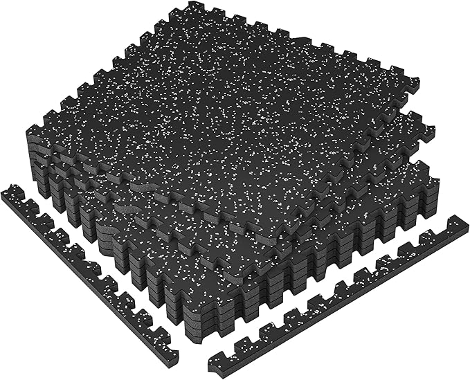 SUPERJARE 1" Extra-Thick Rubber Top Exercise Mat, Puzzle Gym Flooring for Home Gym, Gym Mat for Workout Equipment, Interlocking Floor Tiles with EVA Foam, 6 Pcs 24 Sq Ft, Black/Grey